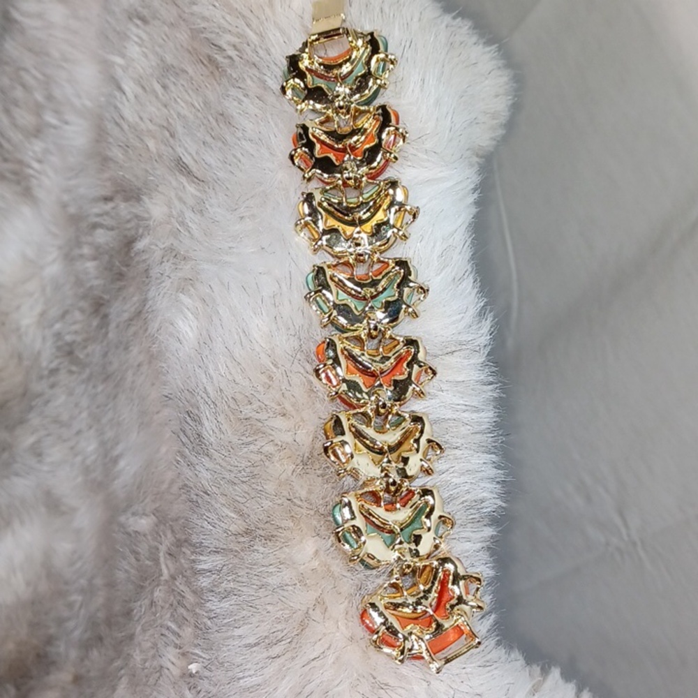 Vintage Bracelet Link Green Orange 7" Chunky Jewelry - Picture 5 of 7